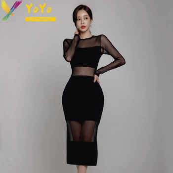 Yoyo Бинго 2023 Есен Секси Черно Сетчатое Прозрачна рокля с дълъг ръкав на Корейското Коварен Дебнещ Елегантна рокля за парти и нощен клуб