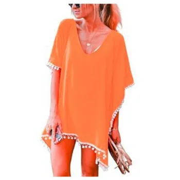 2023 Сезон: Пролет-лято, Плажна блуза за почивка на море, ежедневно Дишаща Однотонная женска плажна пола от шифон с ресни, блуза, Оранжев цвят