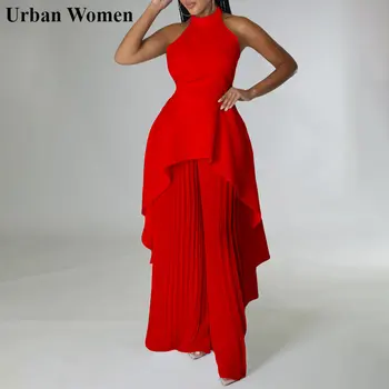 Летен моден случаен комплект от две части за африкански жени, елегантен топ без ръкави, с неправилна форма, широки плисирани панталони, дамски комплект от две части