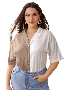 Риза с цветен блок, голям размер с къс ръкав и копчета, дамски летни тениски с V-образно деколте и ежедневните яка-лацканом Плюс размер с 3D печат