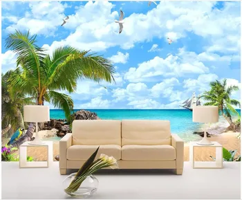 Потребителски снимки на 3d тапети Синьо небе, бели облаци морски пейзаж кокосови палми, всекидневна декор на 3d стенописи тапети за стени d 3