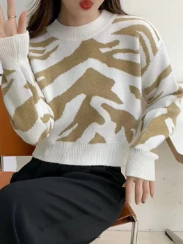 Crochet пуловери контрастни цветове, дамски пуловери с дълги ръкави в стил мозайка, дамски елегантни и ежедневни скок с кръгло деколте