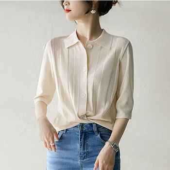 Модни свободна трикотажная однотонная универсална риза с копчета, дамски дрехи, 2023, летни нови ежедневни блузи, Корейската блуза с къс ръкав