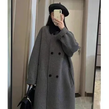Корейското модно дамско ежедневното свободно вълна палто с Елегантна и шикозна однотонная на горно облекло, дълго палто с колан, дамски топло наметало