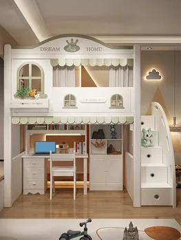 Бебешко легло във формата на къщички на дърво, двуетажно легло в шахматна дъска модел, с двойна височина и долу, на дъното на маса, разход на бюро, шкаф
