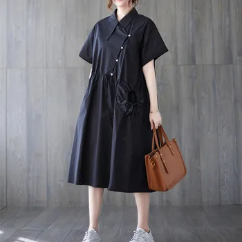Корейски дизайн, отложной яка, завязки, луксозно дамско черно-бяла рокля-блуза, свободно женски ежедневна лятна рокля