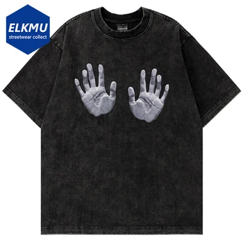 2024 Мъжки улични тениски с ръчно графичен принтом, Реколта тениска Harajuku Оверсайз в стил хип-хоп, Черно свободни тениски Y2K за мъже