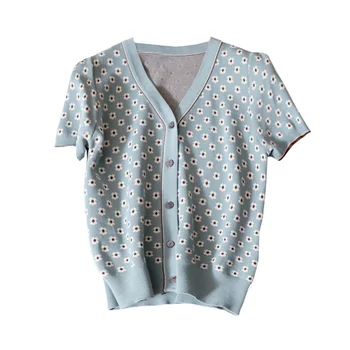Корейската риза, вязаный топ с къс ръкав, женски годишният монтиране V-образно деколте, однобортный тънка жилетка с принтом, Дизайнерска мода