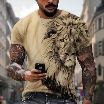 Мъжка риза с къс ръкав и 3D-принтом под формата на животното лъв, модерна спортна тениска за фитнес, мъжка риза