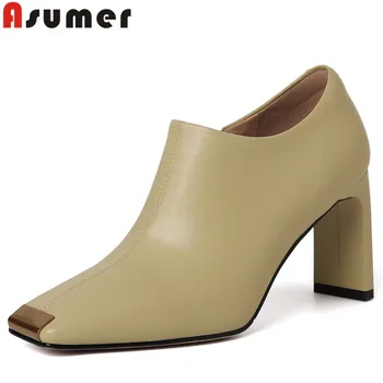 ASUMER 2023 Нова дамски обувки от естествена кожа с цип Офис дамски обувки-лодка с квадратни пръсти на дебел висок ток