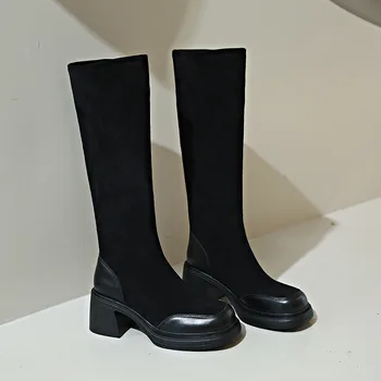 35-40 Дамски обувки, дамски пролетно-есенни слипоны от изкуствена кожа на дебелите ток, обикновена ежедневни модни дамски обувки на висок ток Hw78