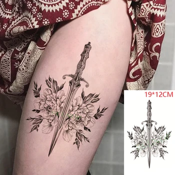 Водоустойчив временни татуировки-етикети цвете божур меч секси фалшива татуировка Флаш татуировка на боди арт, за жени, мъже