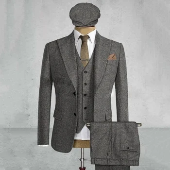 2024 Мъжки костюм от 3 теми (яке + жилетка + панталони) Красив британски стил в коледно дърво, Подходящ Ревера, Однобортный сватба