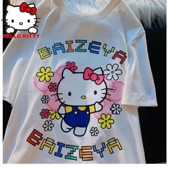 Sanrio Hello Kitty Памучен тениска Облекло Оверсайз Тениска С къс Ръкав Карикатура Сладък Принт Y2k Топ Корейската Мода Аниме Женска Тениска