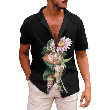 Мъжка мода 3D Дигитален печат, Къс Ръкав, Индивидуален Ревера, Однотонная Свободна Ежедневни риза, Обикновена ризи с копчета, Ретро стил