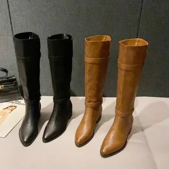 Нови Дизайнерски Ботуши до коляното, за Жени 2023 г., Есен-зима, на Английски Ботуши на платформа С Остри Пръсти в Английски стил, Дамски Луксозни Обувки
