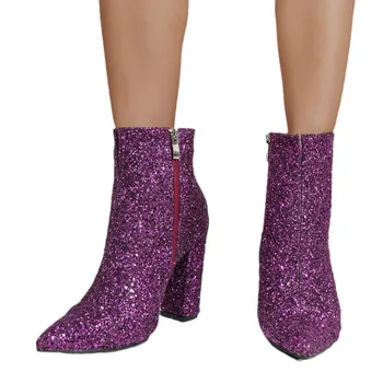 Блестящ дамски обувки, Новост 2024 г., зимни Дамски обувки, Модерни Розови ботильоны с остри пръсти, къси ботуши с цип на дебелите обувки.