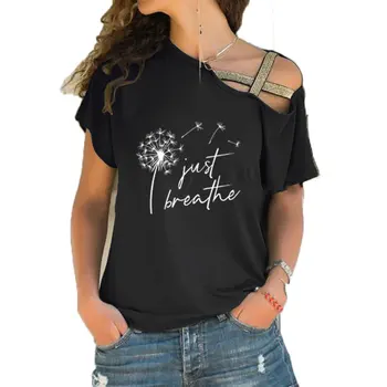 Забавна тениска с принтом Dandelion Just Breathe, дамски лятна готини дрехи с къс ръкав, свободни тениски с кръстосани превръзка с неправилна форма, тениска