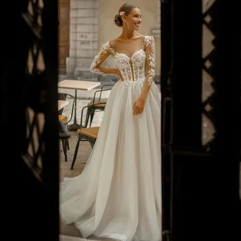 Бяла булчинска рокля с открити рамене и дълги ръкави за измиване на квадратна врата Прекрасни сатен сватбени рокли Новост 2023 година по индивидуална заявка
