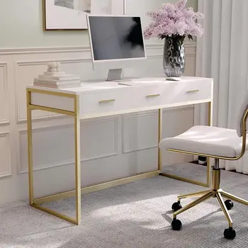 Домашен офис маса от Martha Stewart Ollie с 3 чекмеджета бял на цвят, с мебели от полиран месинг