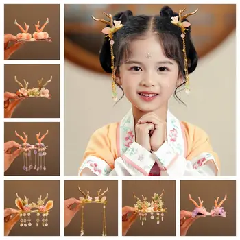 Форма на Оленьего рога Шнола във формата на птицечовка в древен стил, аксесоари за дрехи Han, шапки Hanfu, Детска шнола за коса с цвете пискюл